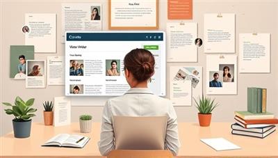 An artistic representation of a digital workspace with a writer curating their online portfolio using drag-and-drop features and customizing layout elements, surrounded by creative writing samples and testimonials, symbolizing professionalism and creativity in showcasing one's work online.