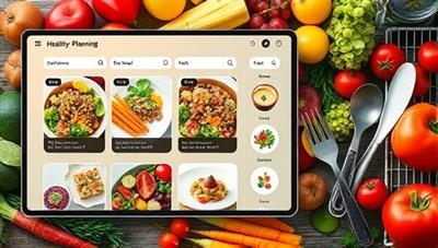 An appetizing visual representation of healthy meal planning, featuring a digital interface displaying colorful and nutritious meal options, fresh ingredients, and cooking utensils, set against a backdrop of vibrant fruits and vegetables, conveying a fresh and wholesome approach to meal preparation.