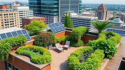 An urban rooftop transformed into a lush green oasis with vertical gardens, solar panels, and a rainwater collection system, blending sustainability with elegance and modern design in a city setting.