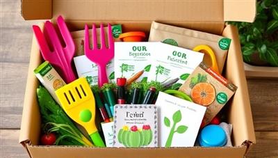 An assortment of colorful agri-tech tools, packets of seeds, and eco-friendly gardening accessories neatly arranged in a subscription box, inviting customers to delve into the world of sustainable gardening from the comfort of their homes.