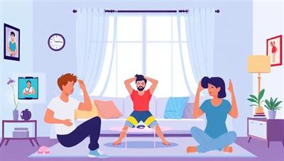 A dynamic digital illustration showing diverse individuals working out at home with virtual trainers on their screens, highlighting the convenience and inclusivity of FitSphere's platform.