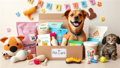 An adorable and playful pet care subscription box setup featuring a variety of pet toys, treats, and grooming products, surrounded by pet-themed decorations and a happy dog or cat interacting with the subscription items, creating a joyful and pet-friendly subscription experience.