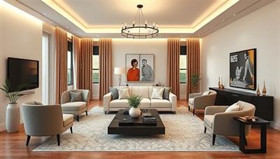 An elegant digital rendering of a virtual interior design consultation session, featuring a stylish living room with interactive design elements and virtual furniture placement, highlighting the seamless blend of technology and creativity in home decor.