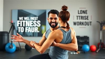 A dynamic and energetic image of a virtual fitness trainer leading a workout session via video call, with motivational fitness quotes in the background and exercise equipment visible, inspiring users to join the platform for a fun and effective workout experience.