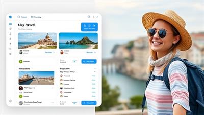 An AI-powered interface displaying a tailored travel itinerary with destination photos, activity suggestions, and accommodation options, alongside a happy traveler exploring a scenic location, highlighting the personalized and seamless travel planning experience offered by WanderGenie AI Travel.