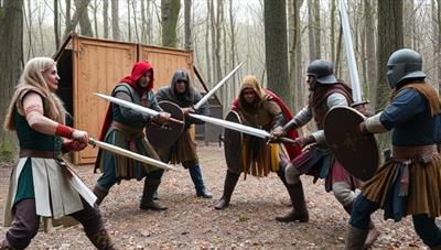 A group of participants dressed in elaborate fantasy costumes, engaged in a battle scene with foam swords and shields in a wooded area, capturing the essence of immersive role-playing adventures and epic quests.