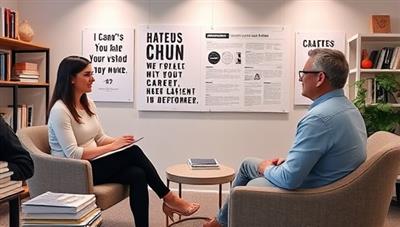 A virtual meeting room setting with a career coach and a client engaged in a coaching session, surrounded by career development books, inspirational quotes, and a motivational vision board, symbolizing guidance and empowerment in career crafting.