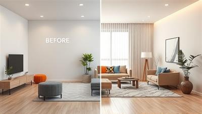 An artistic rendering of a virtual room design concept, featuring a before-and-after visualization of a plain room transformed into a stylish and cozy living space, with modern furniture, vibrant decor accents, and atmospheric lighting, evoking a sense of transformation and inspiration.