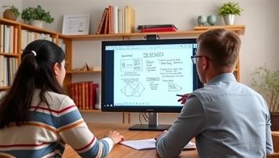 A dynamic online tutoring session where a tutor and student interact via video call, with a virtual whiteboard for explanations, digital study materials, and a collaborative learning environment that fosters engagement and academic growth.