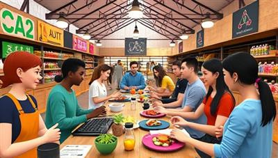 An engaging virtual marketplace scene with avatars exchanging skills and knowledge in a variety of categories, such as coding, cooking, and music production, creating a vibrant and dynamic online learning environment.