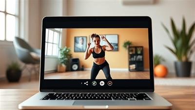 A dynamic and energetic virtual fitness session on a laptop screen, featuring a trainer guiding a participant through a workout in a vibrant home workout space, inspiring motivation and dedication.