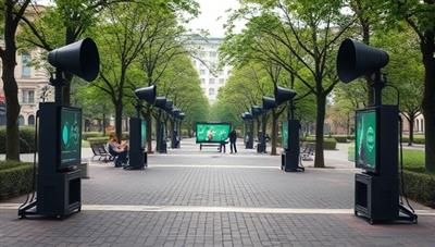 An urban park scene with directional speakers strategically placed around the area, emitting branded soundwave ads that capture the attention of park visitors, creating a dynamic auditory landscape that immerses the audience in the innovative audio advertising experience offered by SonicScape Ads.