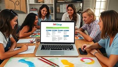 An artistic workspace with colorful paint palettes, sketchbooks, and a laptop displaying the SkillSwap Hub platform, surrounded by eager creatives exchanging skills and ideas, fostering a collaborative and inspiring atmosphere.