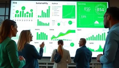 An impactful visual of a diverse group of corporate professionals analyzing sustainability data on a large interactive screen, with eco-friendly icons and green metrics displaying ESG performance indicators, symbolizing the commitment to sustainability and transparency facilitated by ESG Pro's platform.