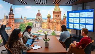 An immersive language learning environment with virtual language tutors interacting with students in different settings, cultural landmarks in the background, and language practice exercises displayed on digital screens, demonstrating the dynamic and engaging nature of LinguaLeap's AI tutoring platform.