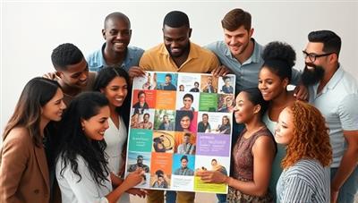 A diverse group of individuals from various backgrounds gathered around a vibrant and inclusive ad display, reflecting the unity and diversity celebrated in UnityBlend Ads' inclusive diversity campaigns.