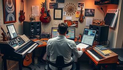 An artistic visual of a composer immersed in a creative studio environment, surrounded by musical instruments, digital equipment, and inspirational elements, capturing the essence of the personalized music composition process and the dedication of TuneCraft Composer in delivering bespoke musical creations.