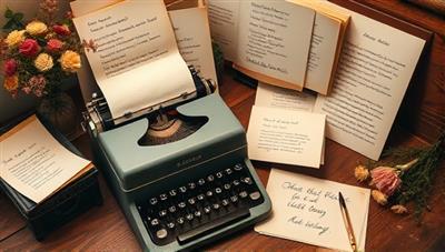 A cozy writing desk with a vintage typewriter surrounded by handwritten poems, dried flowers, and elegant stationery, creating a warm and nostalgic atmosphere for crafting heartfelt verses.
