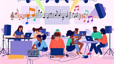 A vibrant digital illustration of a music production workshop in progress, featuring a diverse group of participants creating music on laptops and instruments, with colorful sound waves, musical notes, and collaborative tools floating around them, capturing the essence of creativity and collaboration in a virtual music studio.