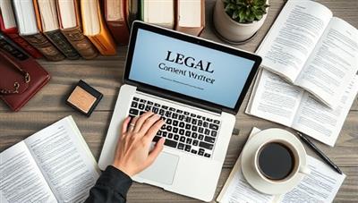 A creative and professional visual of a legal content writer working on a laptop surrounded by legal books, notes, and a cup of coffee, capturing the essence of legal research and content creation in a focused and productive environment.