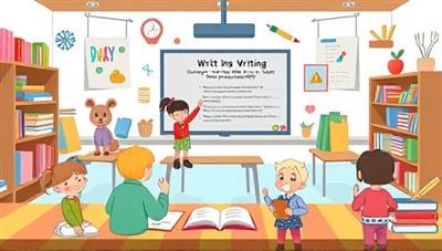 An imaginative illustration of a virtual classroom filled with colorful writing supplies, whimsical characters, and young participants eagerly sharing their stories on digital screens, capturing the essence of creativity and learning in the remote writing workshops for children.