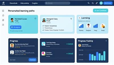 An AI-powered platform interface displaying personalized learning paths with recommended courses, interactive assessments, and progress tracking features, showcasing the adaptive and user-centric nature of the educational platform.