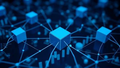 An abstract representation of blockchain technology with interconnected blocks forming a secure network around financial data entries, symbolizing the trust, transparency, and data integrity provided by BlockVerify Accounting's blockchain-based accounting verification service.