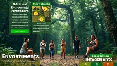 An immersive and nature-inspired environmental education platform interface featuring eco-friendly activities, conservation projects, and sustainability resources, with diverse individuals participating in outdoor adventures and environmental stewardship, promoting a sense of connection to nature and community-driven environmental action.