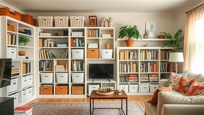A serene and organized living room space with neatly arranged shelves, labeled storage bins, and a cozy reading nook, showcasing the transformation from cluttered chaos to functional harmony.