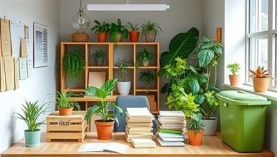 An eco-friendly workspace with recycled paper, potted plants, energy-efficient lighting, and a compost bin, showcasing a sustainable office environment and setting an example for clients.