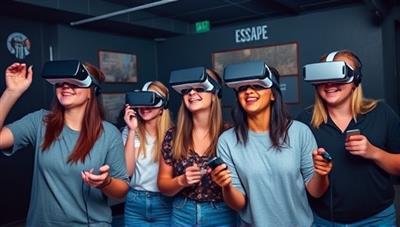 A group of friends wearing VR headsets and holding controllers, immersed in a virtual world filled with puzzles and challenges, showcasing the excitement and teamwork of the VR Escape Room experience.