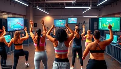 An energizing visual representation of a virtual fitness challenge featuring diverse participants working out together in a virtual gym environment, tracking their progress on screens, and celebrating their achievements, symbolizing the motivation and community spirit of the platform.