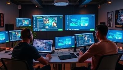An interactive online game development workshop scene where participants engage in a live coding session with a mentor, surrounded by screens displaying game design software and collaborative project workstations, fostering a dynamic learning environment for aspiring game developers.