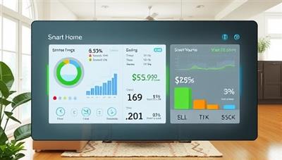 An elegant and minimalist smart home control panel displaying energy usage statistics, cost savings, and environmental impact data, set against a backdrop of a modern, eco-friendly living room with energy-efficient appliances and solar panels, promoting sustainability and smart living.