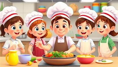 An animated digital scene featuring a group of children wearing chef hats and aprons, enthusiastically following a virtual cooking class led by a friendly chef mentor, surrounded by colorful ingredients and kitchen utensils, sparking joy and culinary creativity within ChefKids Connect.