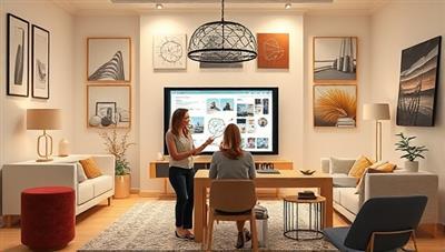 An aesthetically pleasing visual of a virtual interior design consultation session, with a designer presenting a digital mood board and design layout to a client, surrounded by images of stylish furniture, decor accents, and color swatches, evoking a sense of creativity and transformation in interiors.