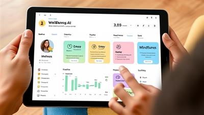 An interactive wellness dashboard displaying a user's personalized wellness plan on a tablet, featuring nutrition recommendations, exercise routines, and mindfulness activities, creating a holistic approach to well-being through the AI-powered platform of WellBeing AI.