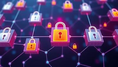 An illustration of interconnected blockchain blocks representing secure audit trails, with digital padlocks symbolizing data security and integrity assurance, creating a futuristic and trustworthy image.