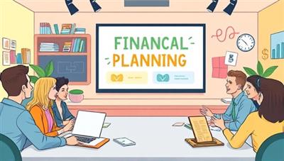 An engaging digital illustration of a virtual financial planning workshop for teens, featuring colorful visuals, interactive quizzes, and enthusiastic presenters engaging with a diverse group of teenagers, fostering financial empowerment and knowledge-sharing in a fun and educational environment.