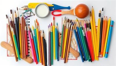An artistic collage of various creative tools and materials, such as paintbrushes, musical instruments, and writing utensils, arranged in a visually appealing composition that highlights the essence of creativity and learning.