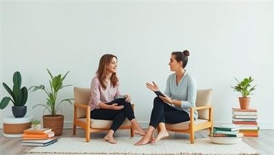 An inspiring wellness coaching session setup with a coach guiding a client through goal setting and mindfulness exercises, surrounded by wellness books, plant decor, and calming essentials, fostering a nurturing and supportive coaching environment.