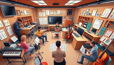 An immersive digital illustration of a virtual music studio filled with a variety of musical instruments, sheet music, and a diverse group of students and instructors engaged in interactive lessons and performances, fostering a sense of community and musical growth.