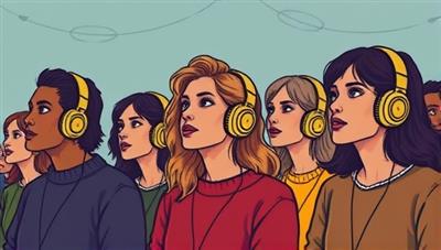 An artistic visualization of a group of diverse individuals with headphones, engrossed in listening to a captivating storytelling podcast together, symbolizing the immersive and communal experience offered by NarrativeThreads' platform.
