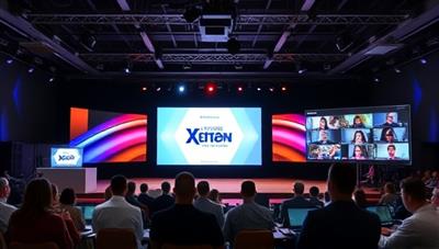 A virtual event setup with a stage area featuring a digital screen displaying the event branding, a virtual audience interacting through video feeds, and a backstage control center managing the technical aspects of the event, conveying professionalism and innovation in virtual event planning.