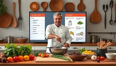 A virtual cooking class setup with a chef demonstrating a culinary technique, surrounded by fresh ingredients, cooking utensils, and a digital screen displaying step-by-step instructions, evoking a cozy and interactive online cooking experience.