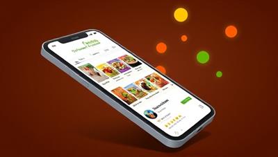 An engaging digital illustration of a smartphone screen displaying the FlavorFuse app interface with colorful recipe cards, cooking animations, and user ratings, creating a visually appealing and interactive cooking experience for users.