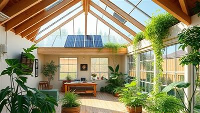 An eco-friendly smart home interior with solar panels on the roof, smart devices controlling energy usage, and a lush indoor garden, illustrating the seamless integration of sustainability and technology in the GreenHive automation system.