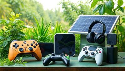 An array of eco-friendly gaming accessories, including bamboo controllers, recyclable headsets, and solar-powered charging stations, displayed against a backdrop of lush greenery and renewable energy sources, symbolizing sustainability and innovation.