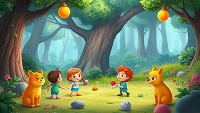 An animated scene of colorful characters from different storylines interacting with each other in a magical forest setting, highlighting the app's engaging and imaginative storytelling experience for kids.