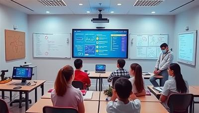 An AI-powered virtual classroom setting with students engaging in interactive STEM lessons, virtual whiteboards, and real-time feedback from expert tutors, showcasing the dynamic and tech-savvy learning environment of STEMsmartTutors.